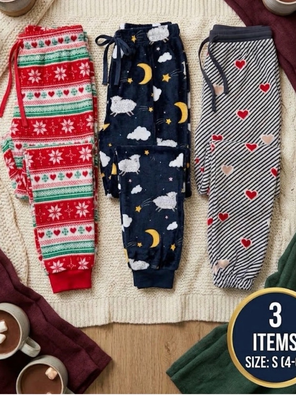 Secret Treasures Cozy Fleece Pajama Pants Bundle | Size S (4-6) | Set of 3